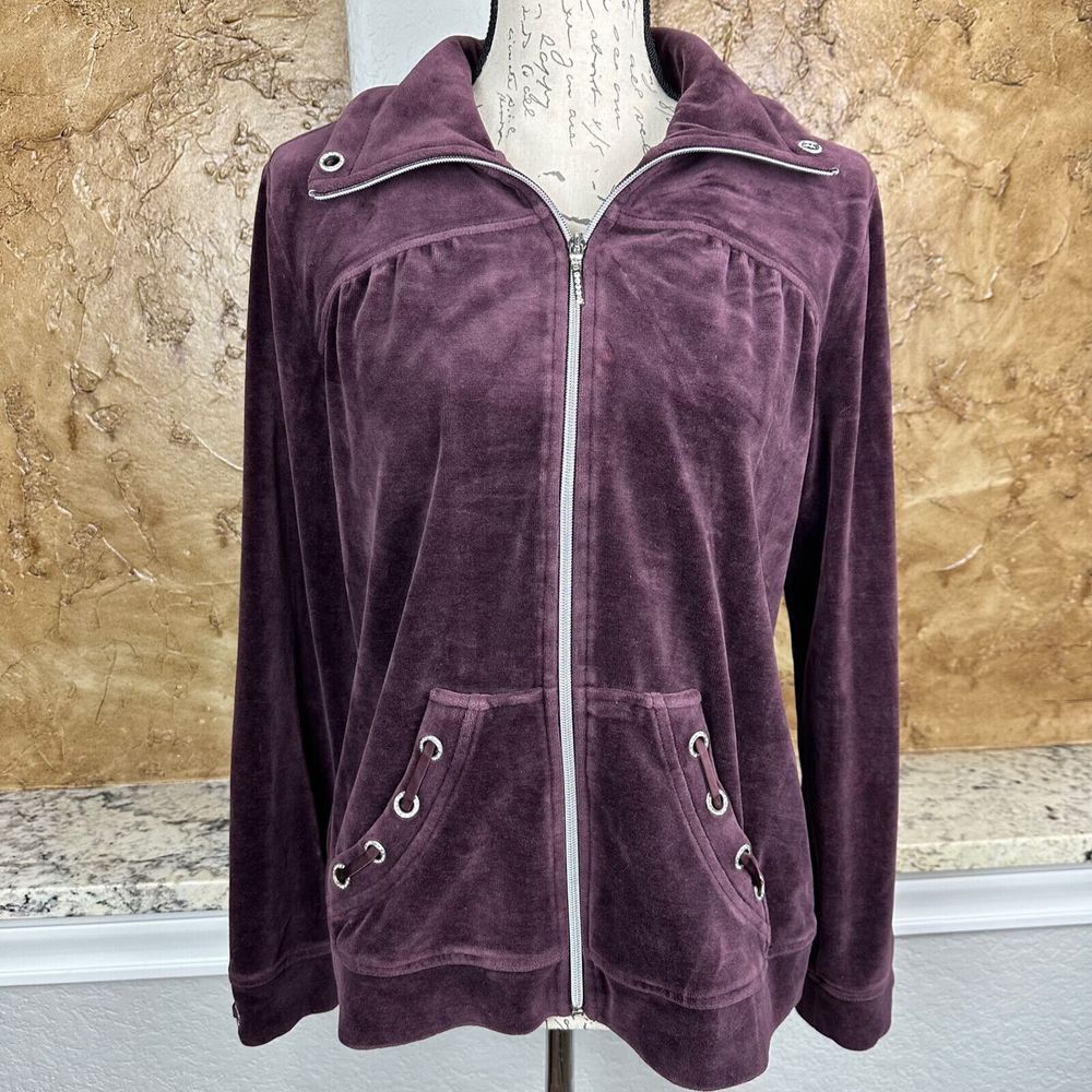 Zenergy Chico's Jacket Women 's 1 Medium Velour Plum Purple Embellished Full Zip